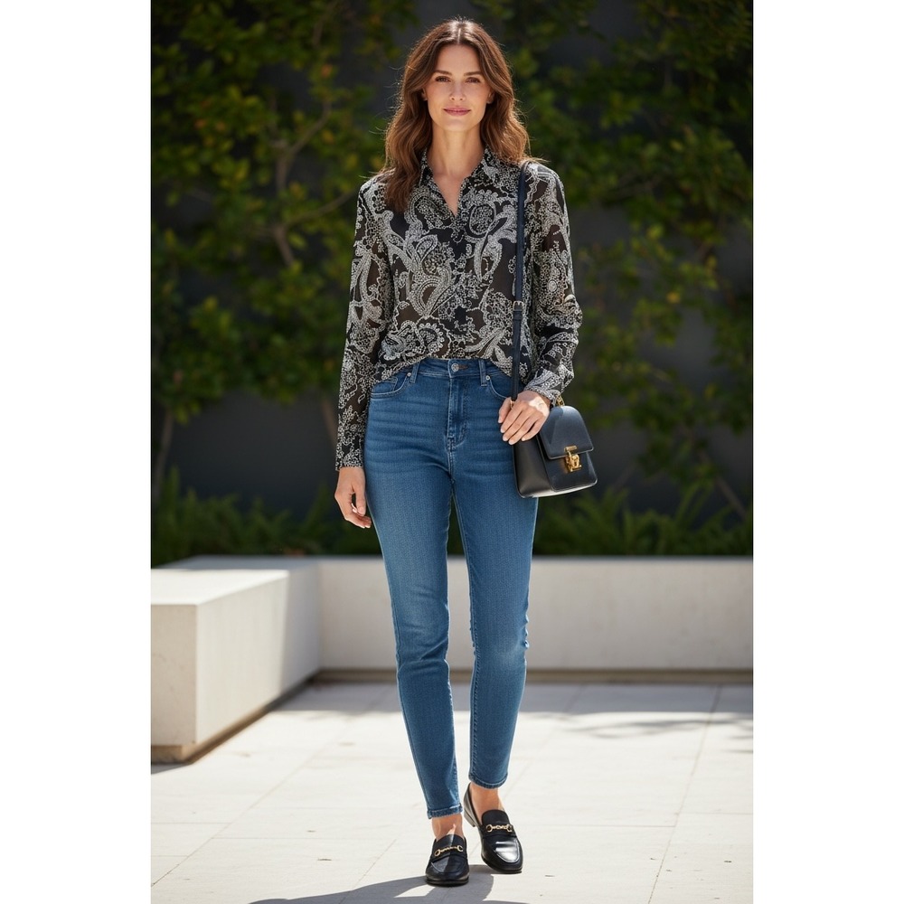 Lauren Ralph Lauren Shirt Small Black White Paisley Cotton Button Long Sleeve
